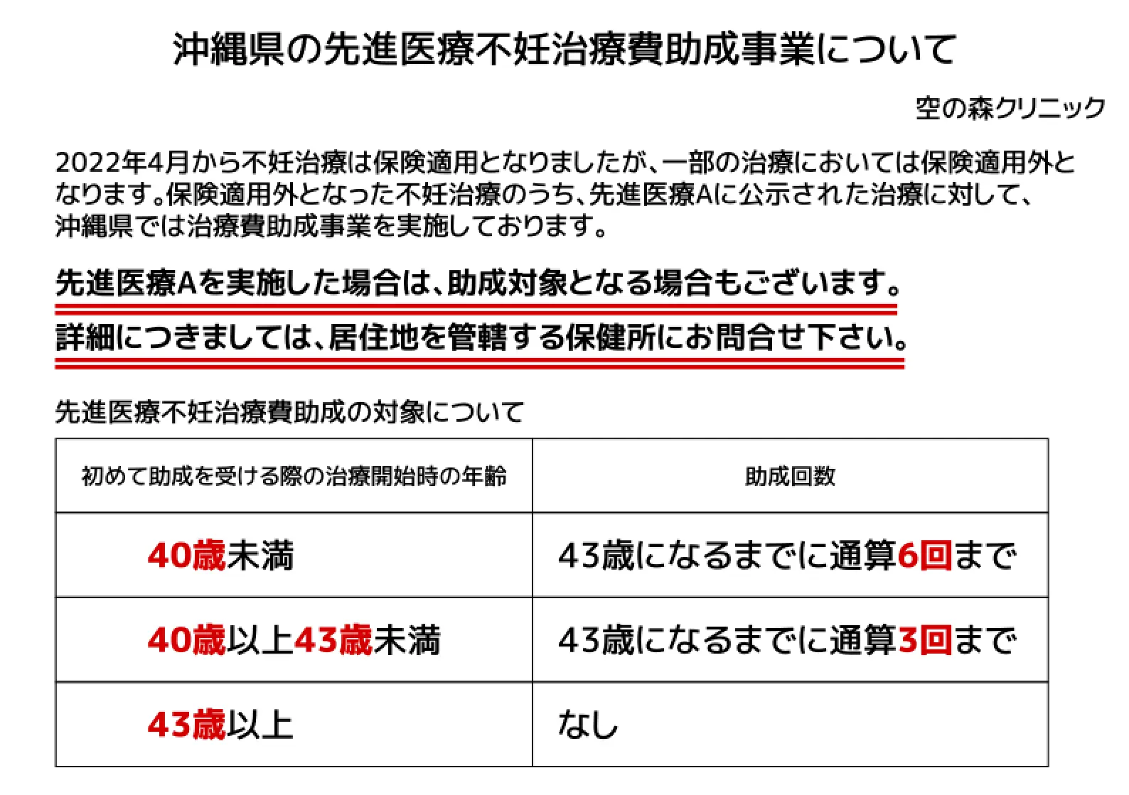 沖縄県の先進医療不妊治療費助成事業について。2022年4月から不妊治療は保険適用となりましたが、一部の治療においては保険適用外となります。保険適用外となった不妊治療のうち、先進医療Aに公示された治療に対して、沖縄県では治療費助成事業を実施しております。先進医療Aを実施した場合は、助成対象となる場合もございます。詳細につきましては、居住地を管轄する保健所にお問合せ下さい。